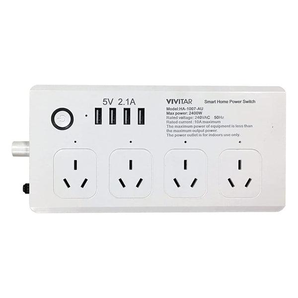 A white Vivitar Smart Home Power Strip, a multi plug with 4 power outlets, 4 USB ports, and a coaxial port, is labeled with specifications and instructions.